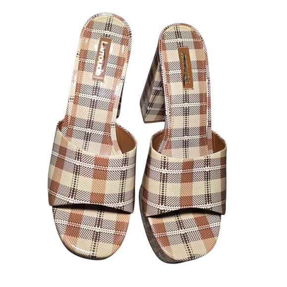 Larroude Dolly Mule Caramel Plaid Patent Leather Platform Heels Size 8.5 - Picture 3 of 9